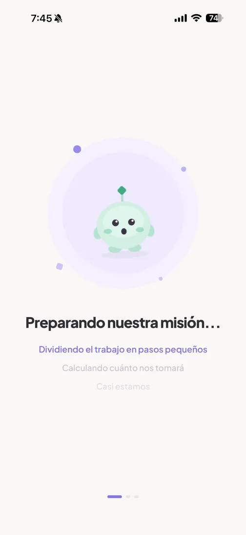 Pantalla de Moti generando el plan: “Preparando nuestra misión…” mientras divide el trabajo en pasos pequeños.