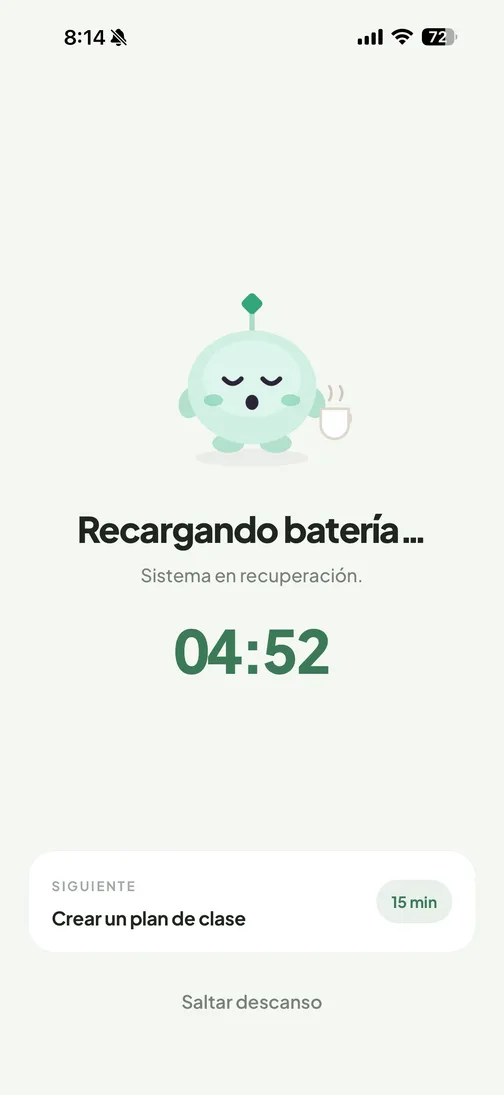 Pantalla de descanso: “Recargando batería…” con 04:52 y la siguiente tarea preparada.