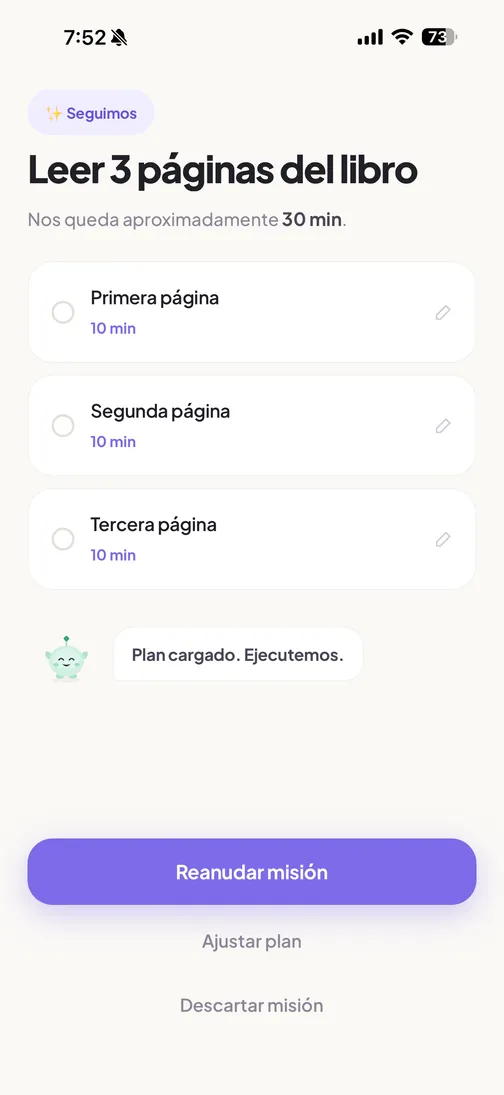 Misión “Leer 3 páginas del libro” con tres pasos de 10 minutos y el botón Reanudar misión.